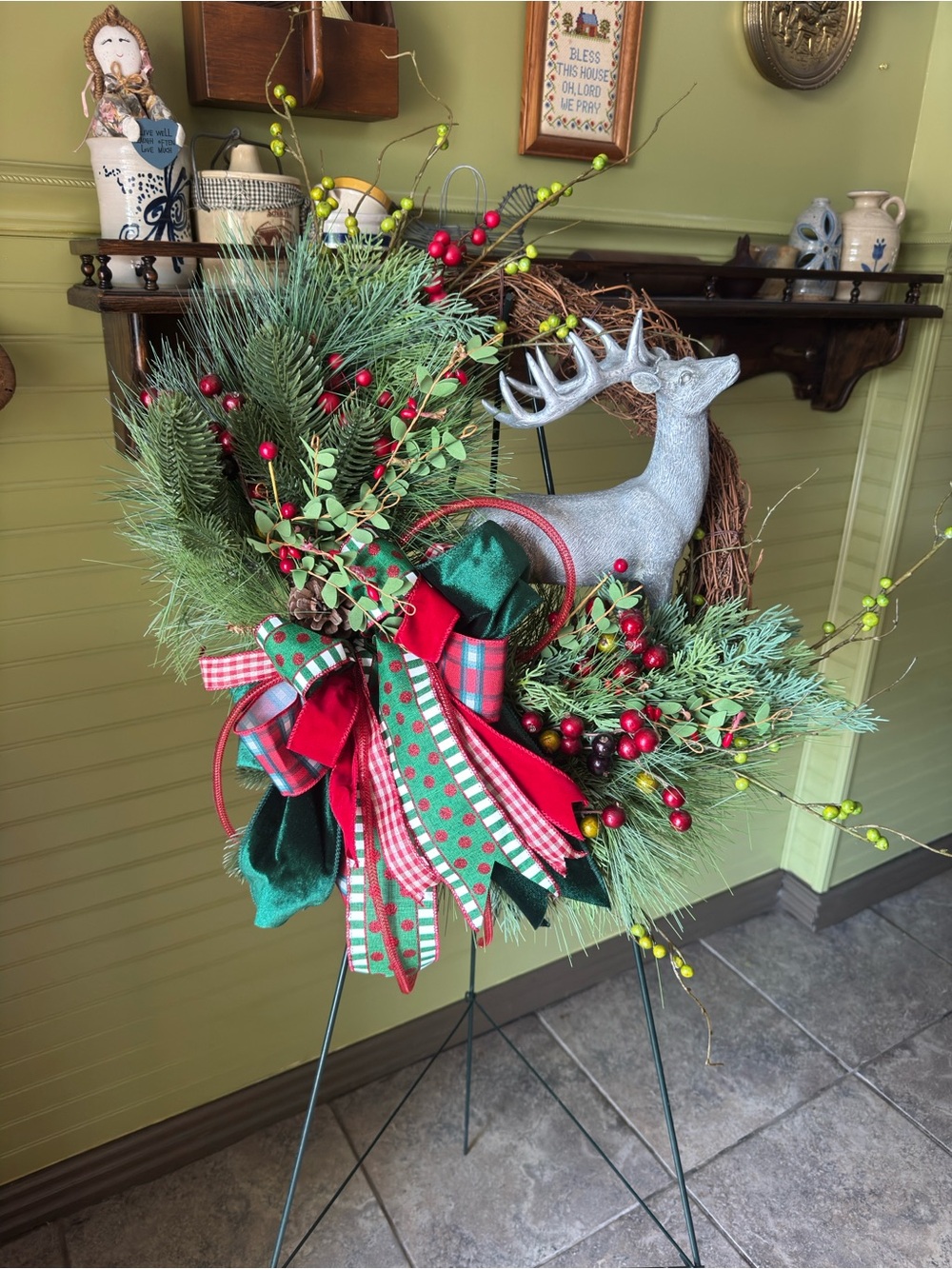 Holiday Pine & Berry Wreath with Silver Reindeer - Green and Red